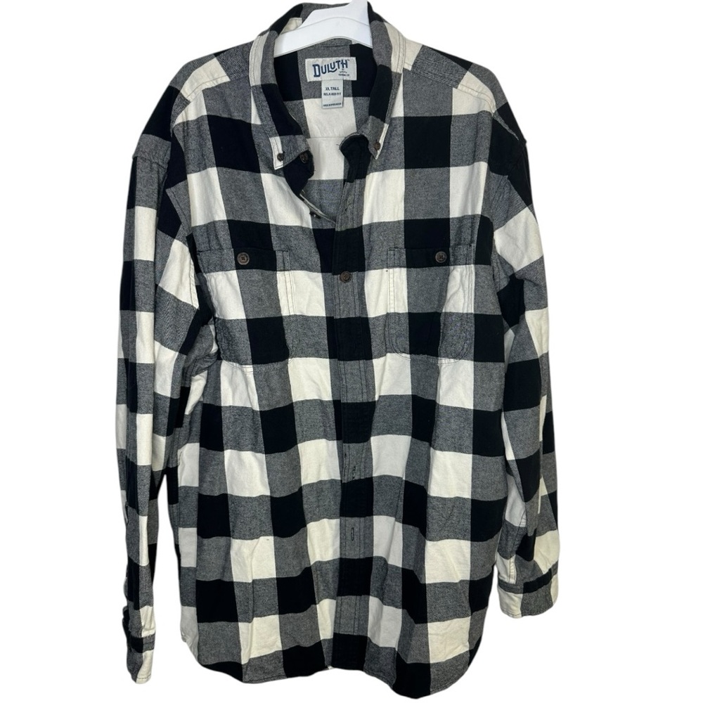 Duluth Trading Men’s Plaid Black White Soft‎ Flannel Button Down Size XL Tall